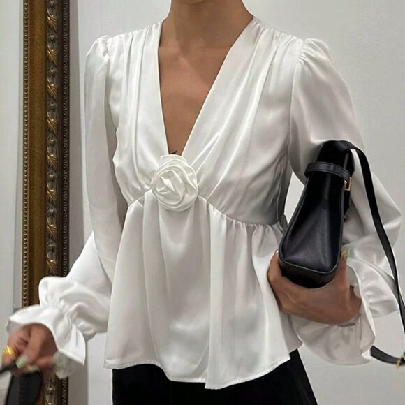 White Casual Women's Solid Color French Style Elegant Loose Fit V-Neck Shirt - Picture 1 of 7